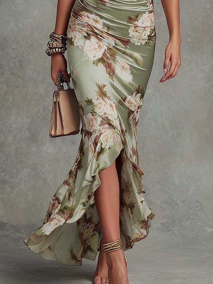 Anastasia | Lang kjole i satin med blomsterprint